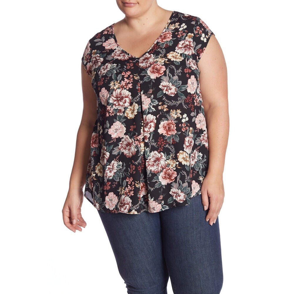 Halogen Women's Double V-Neck Woven Top Floral Print Plus Size 3X $79